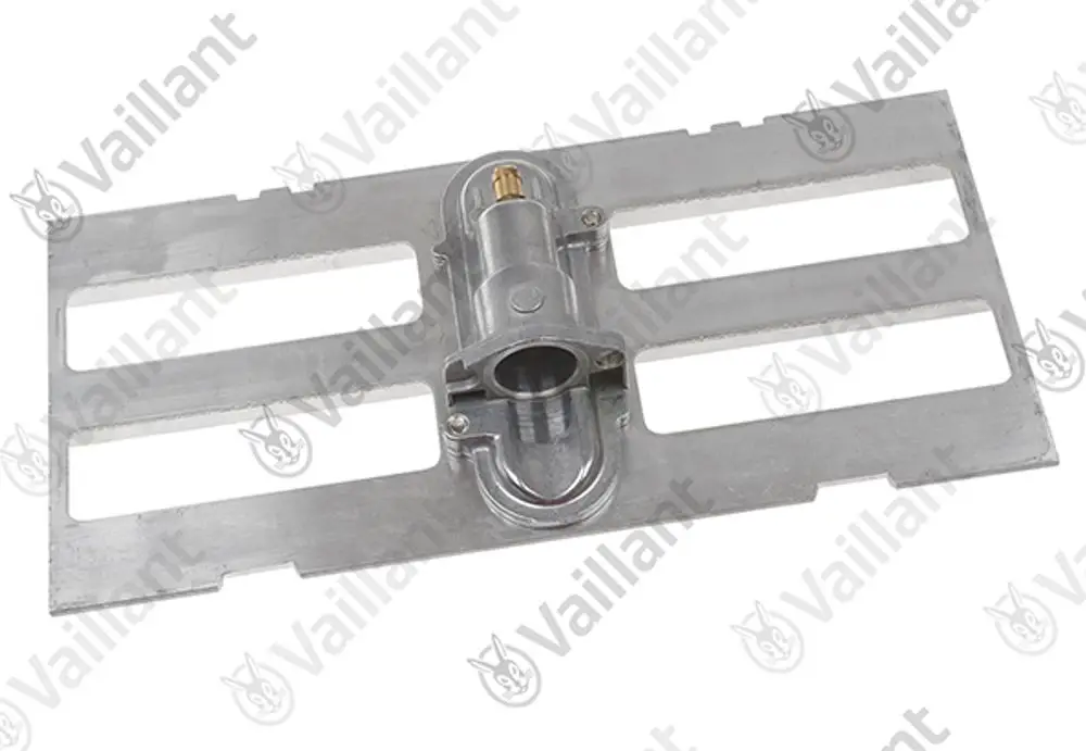 Vaillant Verteilerrohr aus Metall mit Halterung und mehreren Öffnungen zur Anbindung, geeignet für Heizungsanwendungen.